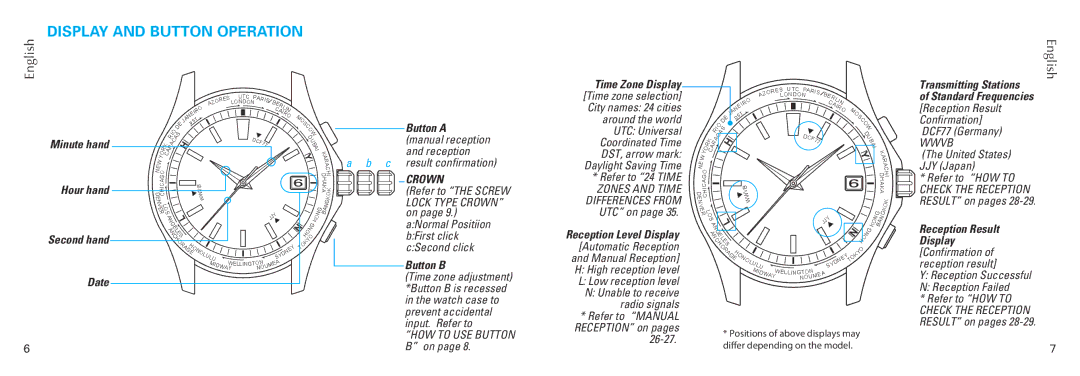 Seiko 7B26 manual Display and Button Operation, NUnable to receive radio signals, Reception on pages 