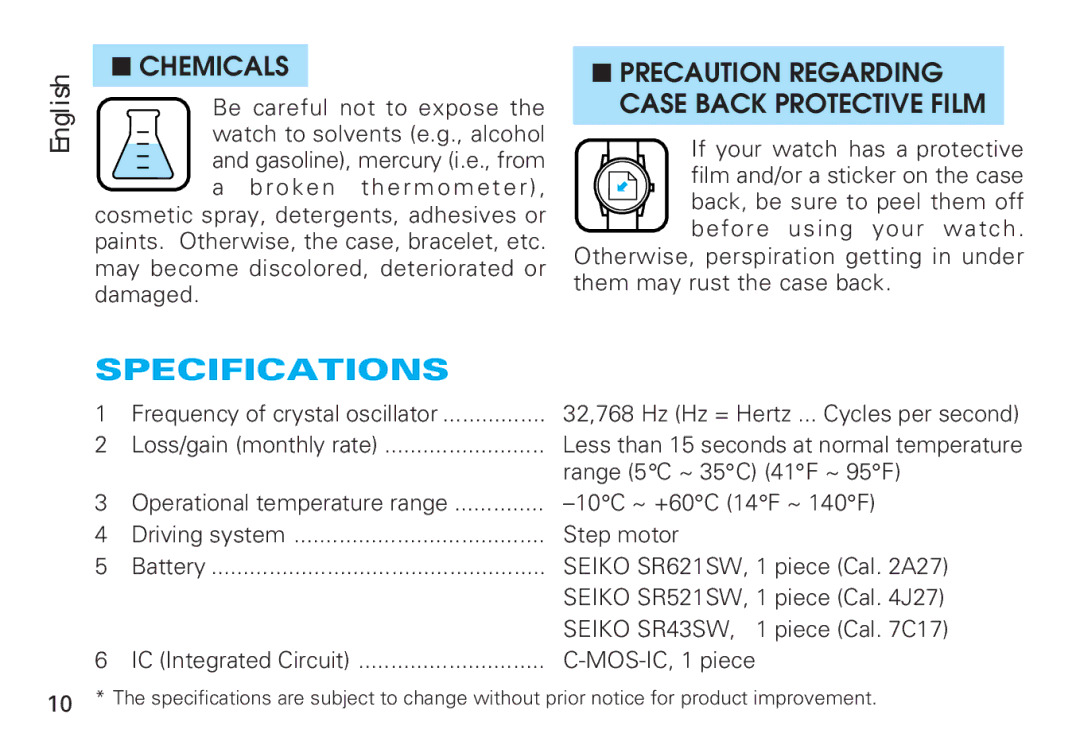 Seiko 2A27, 7C17, 4J27 manual Specifications, Chemicals, Precaution Regarding Case Back Protective Film 