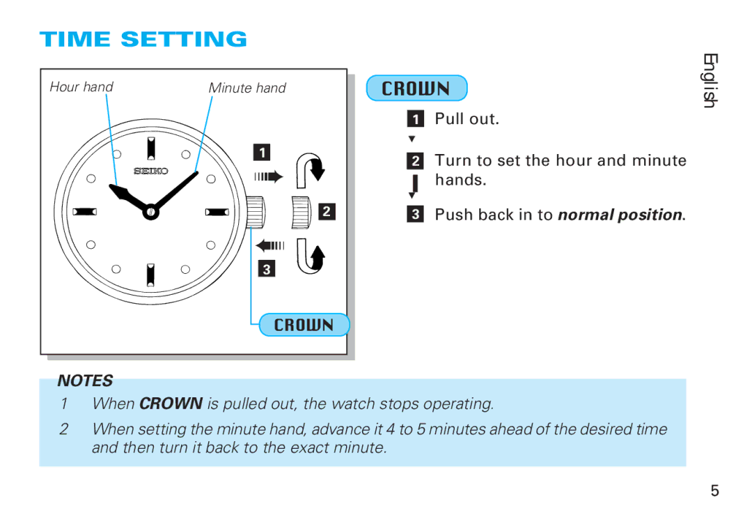 Seiko 4J27, 7C17, 2A27 manual Time Setting, Crown 