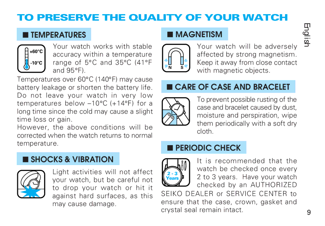 Seiko 7C17, 2A27, 4J27 manual To Preserve the Quality of Your Watch 