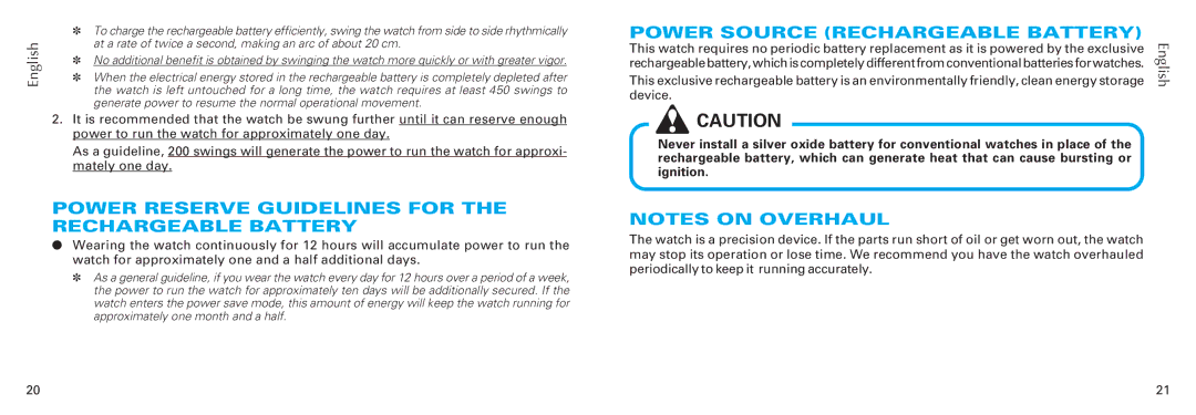 Seiko 7D46 Power Reserve Guidelines for the Rechargeable Battery, Generate power to resume the normal operational movement 