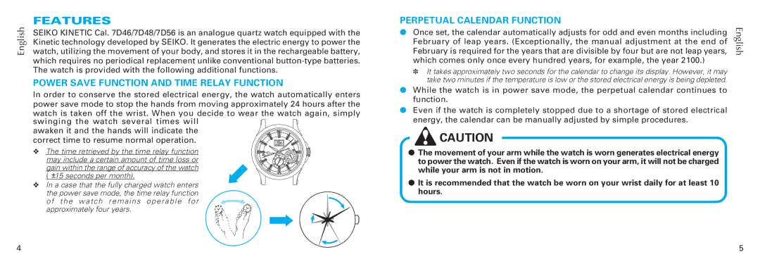 Seiko 7D56, 7D48, 7D46 manual Features, Power Save Function and Time Relay Function, Perpetual Calendar Function 