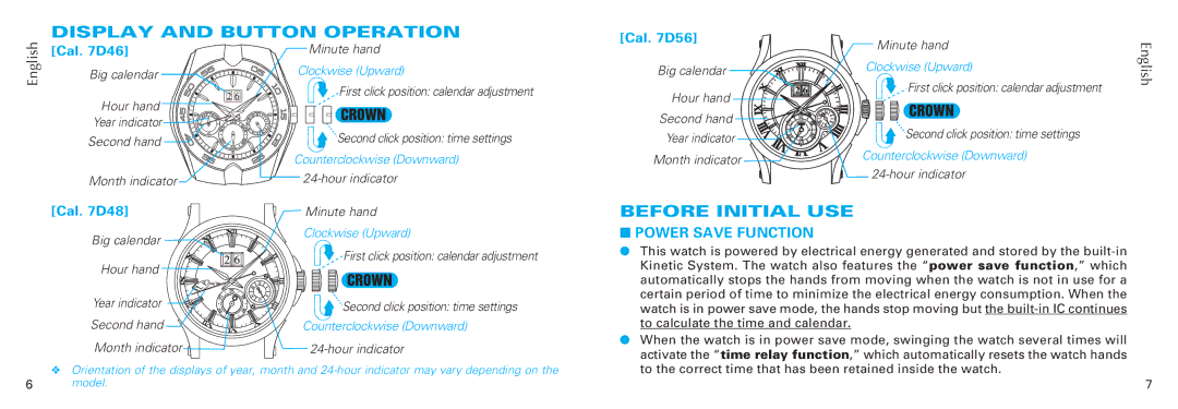 Seiko 7D48, 7D56, 7D46 manual Display and Button Operation, Before Initial USE, Power Save Function 