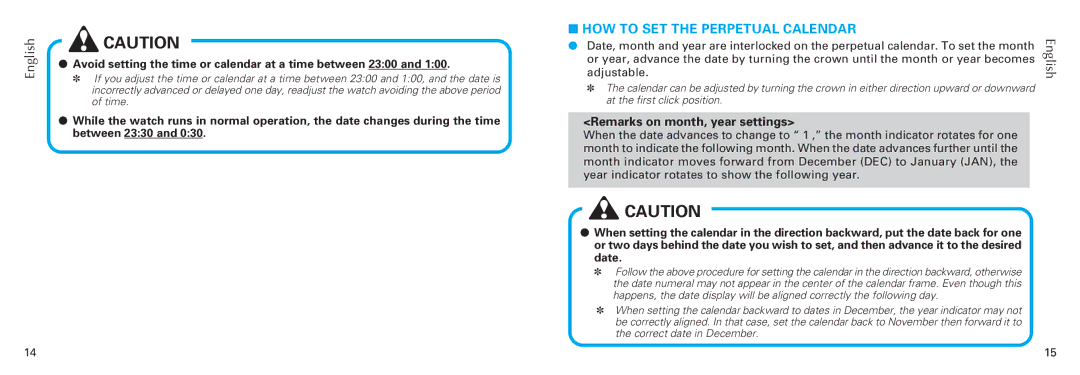 Seiko 7D46, 7D56, 7D48 manual HOW to SET the Perpetual Calendar, Avoid setting the time or calendar at a time between 2300 