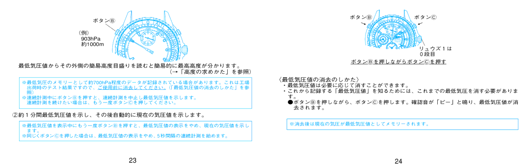 Seiko 7K32 manual ボタンc, リュウズ１は, ０段目, 最低気圧値からその外側の簡易高度目盛りを読むと簡易的に最高高度が分かります。, （→「高度の求めかた」を参照） 