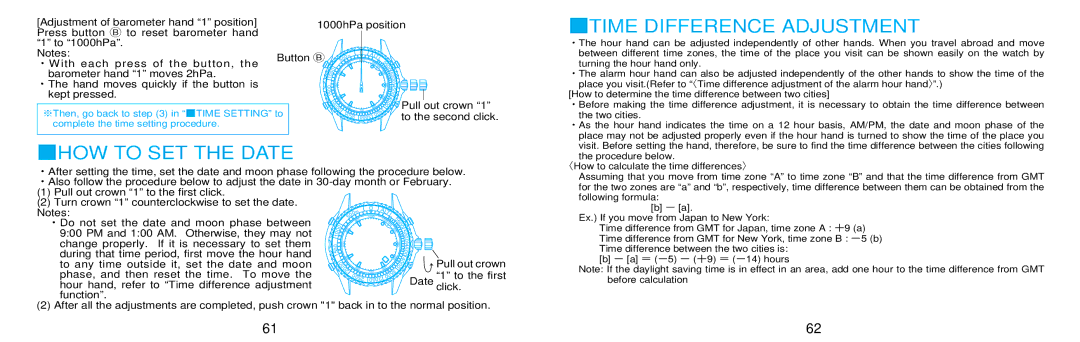 Seiko 7K32 manual HOW to SET the Date, Time Difference Adjustment 