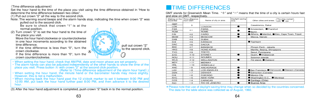 Seiko 7K32 manual Time Differences, Pull out crown 2 to the second click 