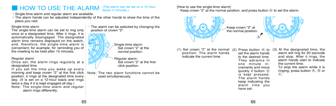 Seiko 7K32 manual Single-time alarm, Convenient, for example, for reminding you, Keep crown 2 at the normal position 