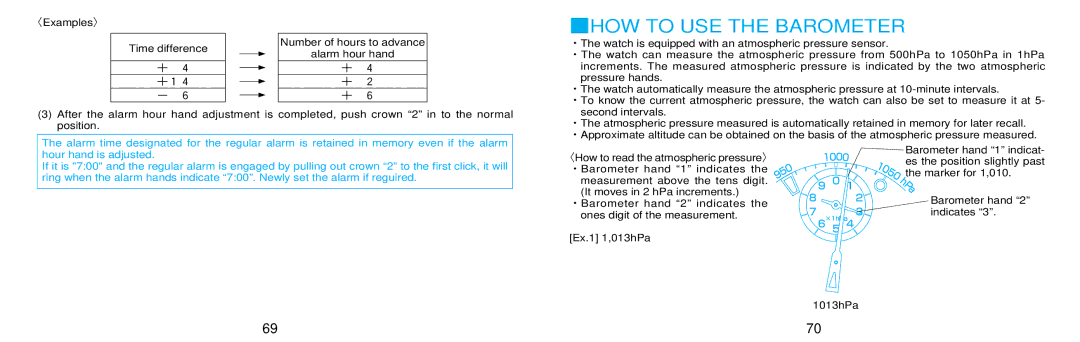 Seiko 7K32 manual HOW to USE the Barometer, 〈Examples〉 Time difference, Number of hours to advance Alarm hour hand 