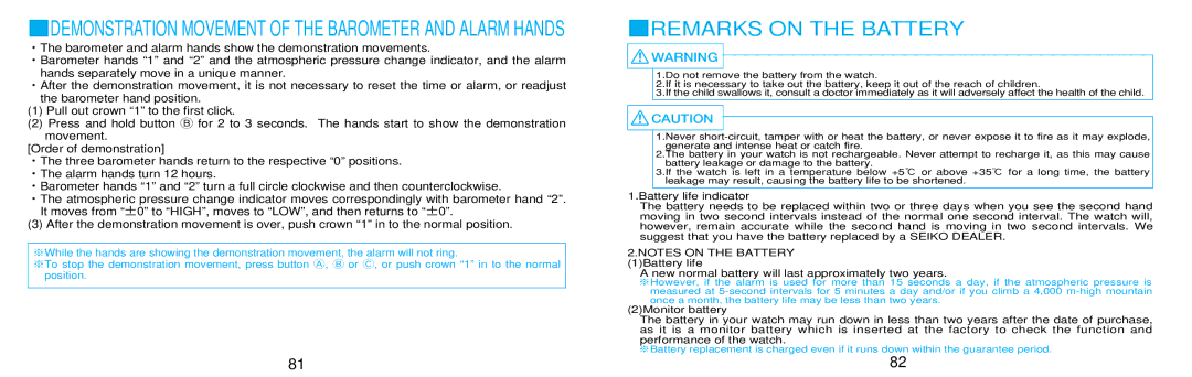 Seiko 7K32 manual Remarks on the Battery, Demonstration Movement of the Barometer and Alarm Hands 