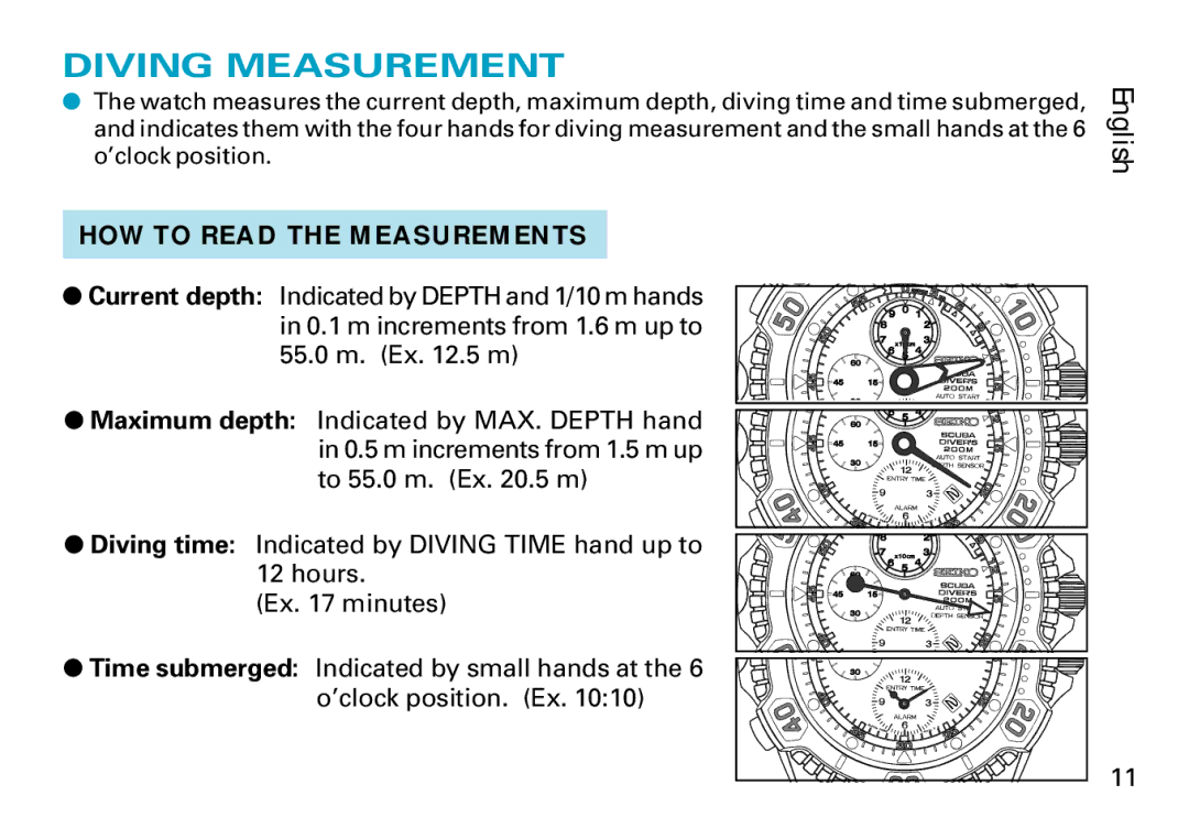 Seiko 7K52 manual Diving Measurement, HOW to Read the Measurements 