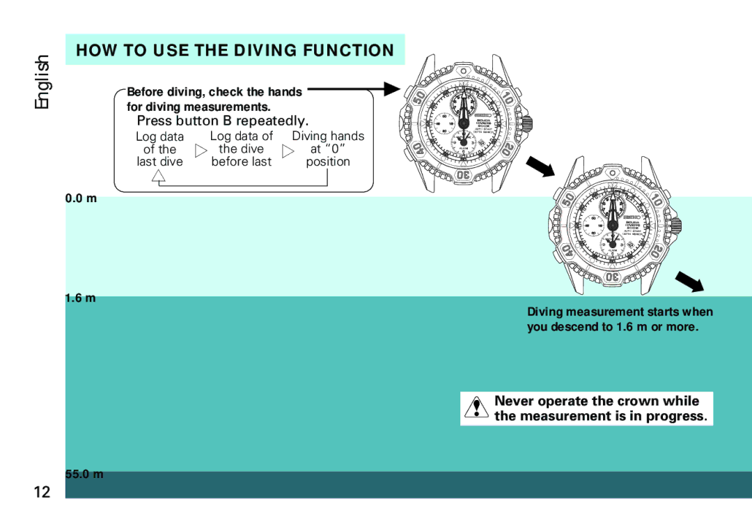 Seiko 7K52 manual HOW to USE the Diving Function, Press button B repeatedly 