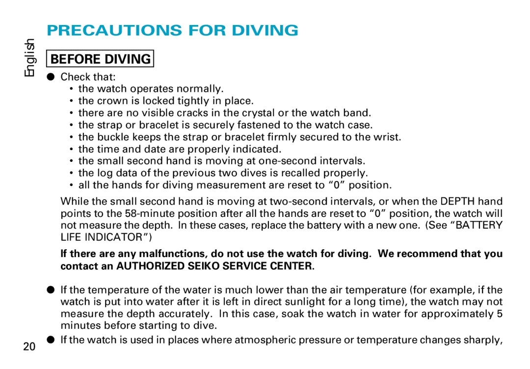 Seiko 7K52 manual Precautions for Diving, Before Diving 