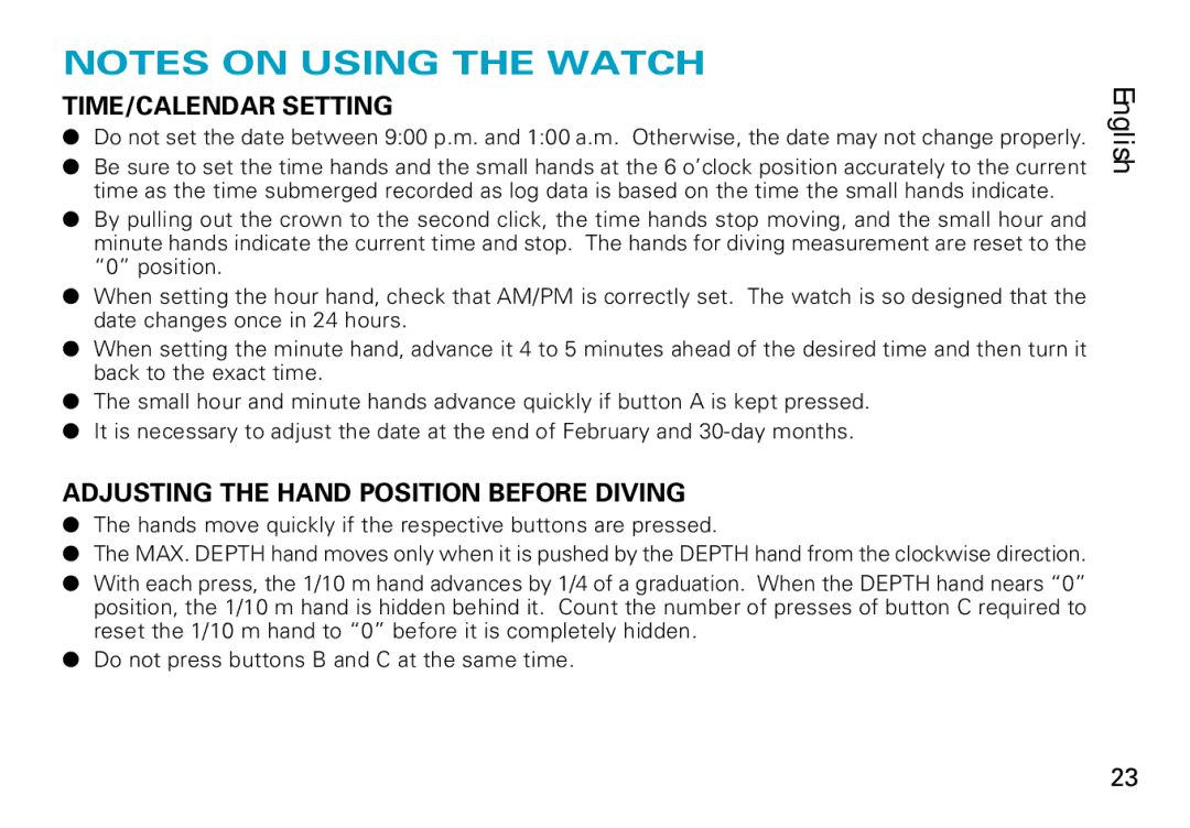 Seiko 7K52 manual TIME/CALENDAR Setting, Adjusting the Hand Position Before Diving 