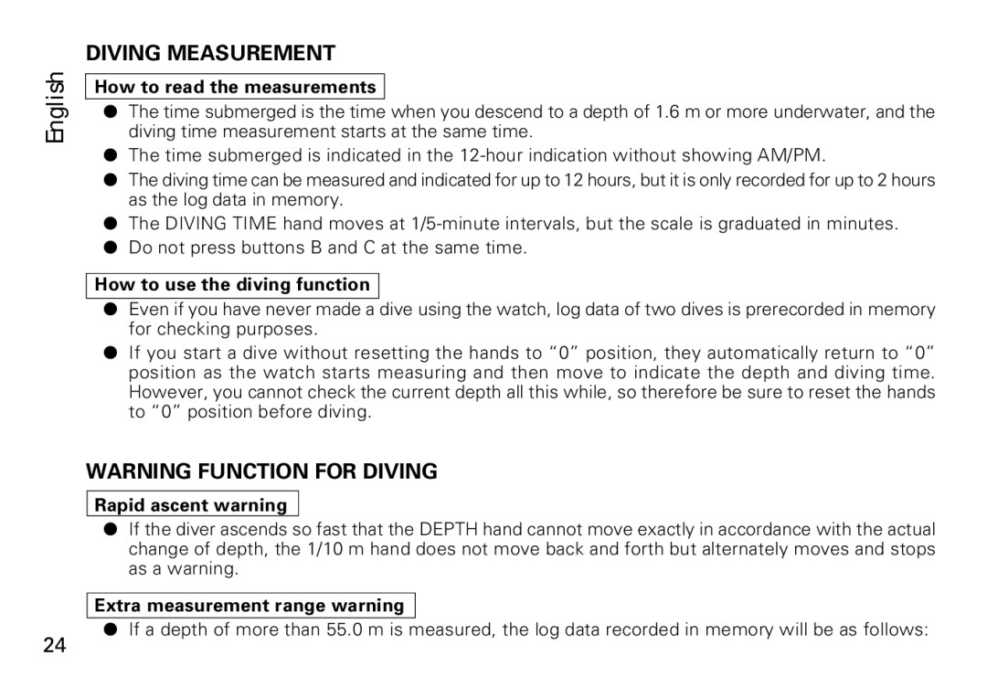 Seiko 7K52 manual How to read the measurements, How to use the diving function, Extra measurement range warning 