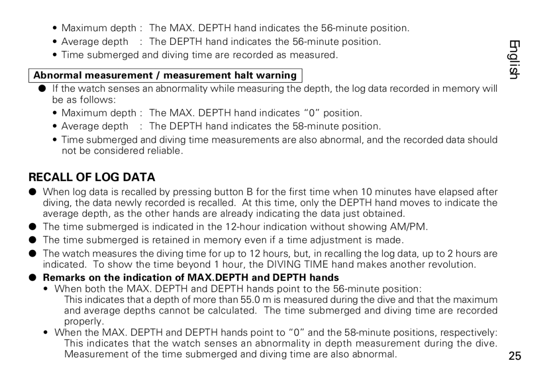 Seiko 7K52 manual Recall of LOG Data, Abnormal measurement / measurement halt warning 