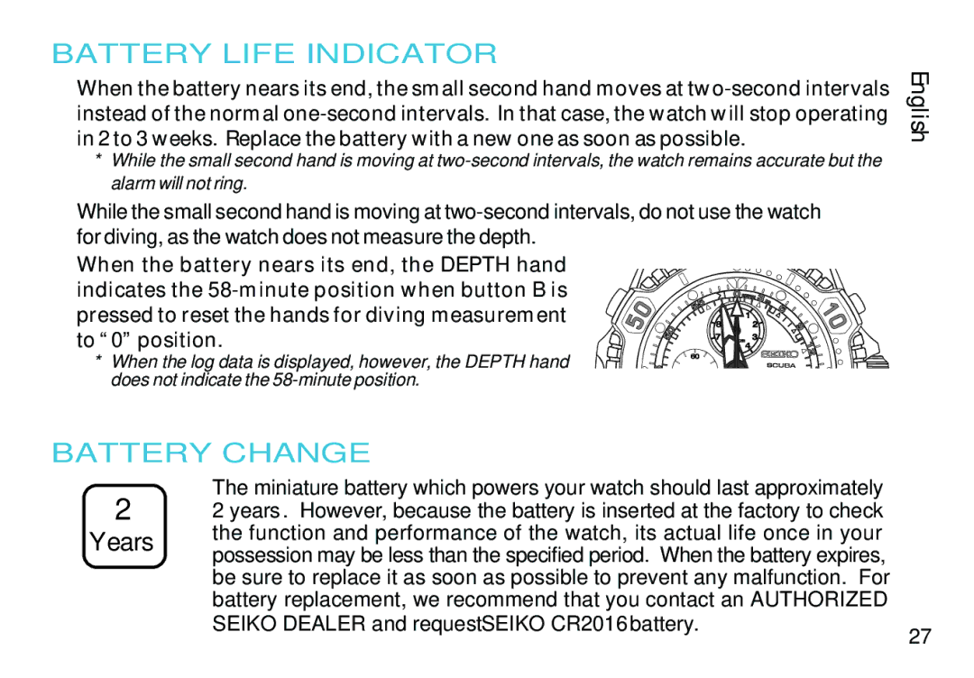 Seiko 7K52 manual Battery Life Indicator, Battery Change 