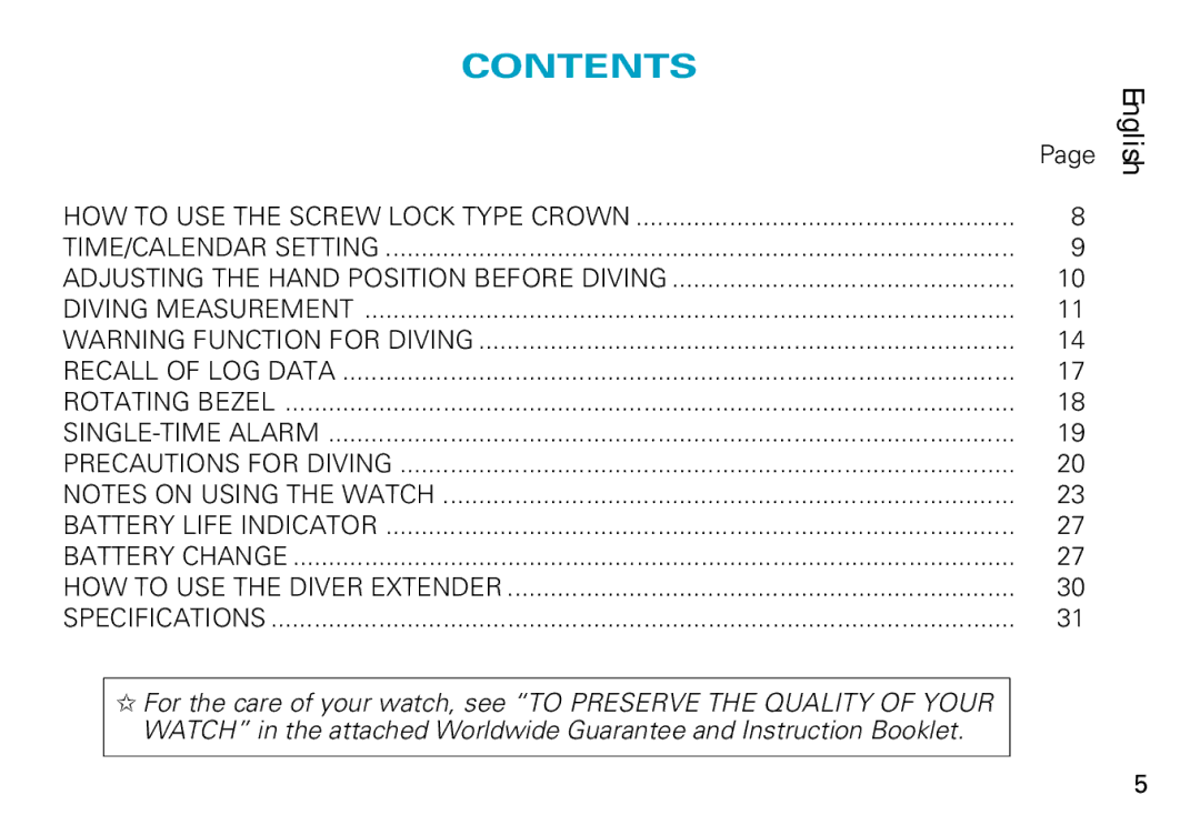 Seiko 7K52 manual Contents 