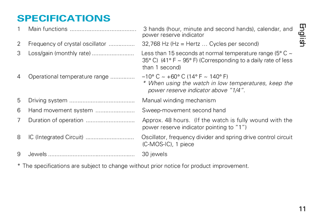 Seiko 7R68 manual Specifications, Power reserve indicator above 1/4 