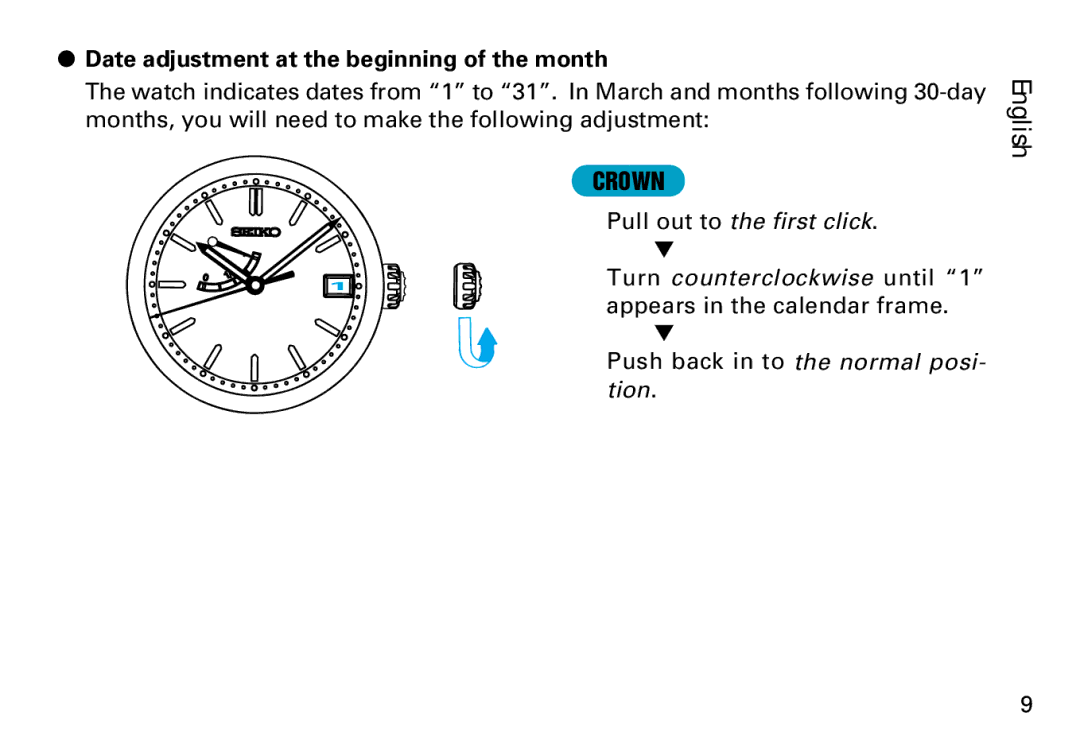 Seiko 7R68 manual Date adjustment at the beginning of the month 