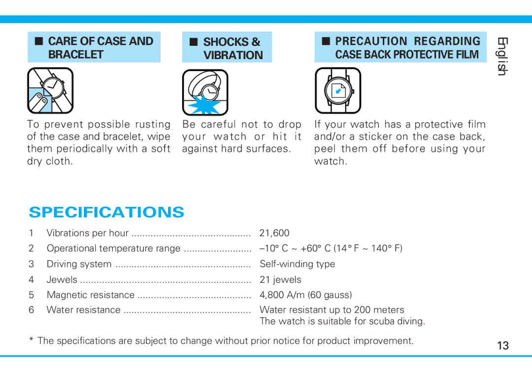 Seiko 7S26 manual Specifications, Care of Case and Bracelet Shocks & Vibration 