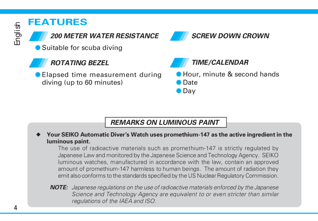 Seiko 7S26 manual Features, Remarks on Luminous Paint 