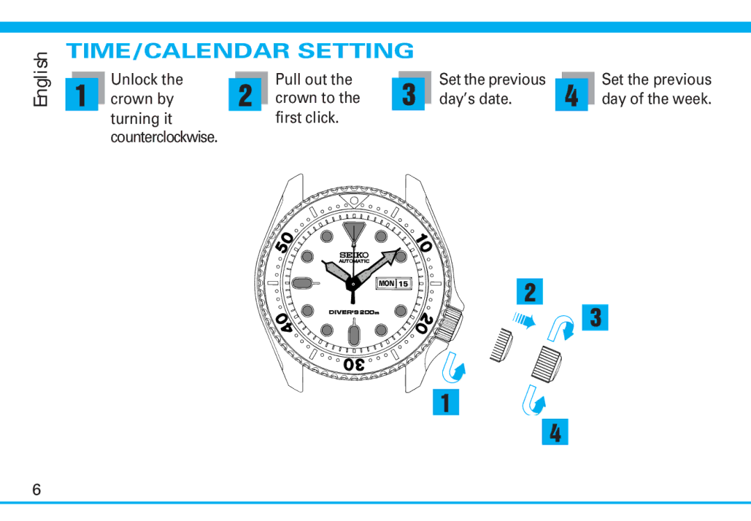 Seiko 7S26 manual TIME/CALENDAR Setting 