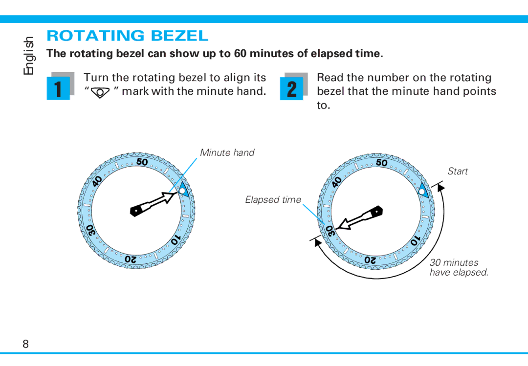 Seiko 7S26 manual Rotating Bezel, Rotating bezel can show up to 60 minutes of elapsed time 