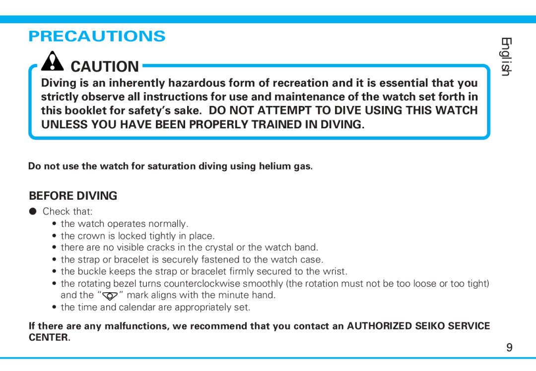 Seiko 7S26 manual Precautions, Before Diving 