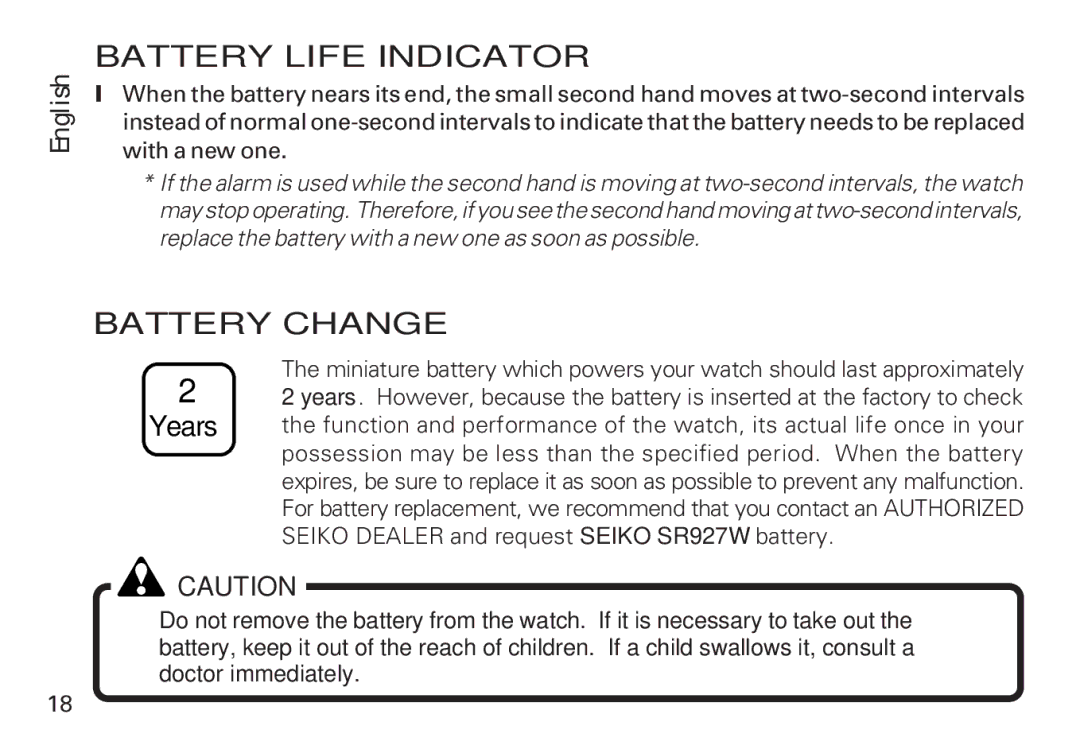 Seiko 7T32 manual Battery Life Indicator, Battery Change 