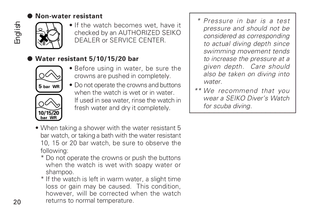 Seiko 7T32 manual Water resistant 5/10/15/20 bar 