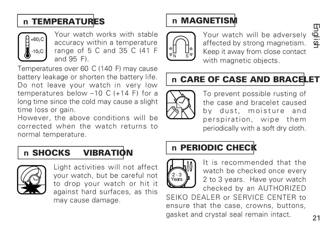 Seiko 7T32 manual Temperatures, Magnetism, Care of Case and Bracelet, Shocks & Vibration, Periodic Check 