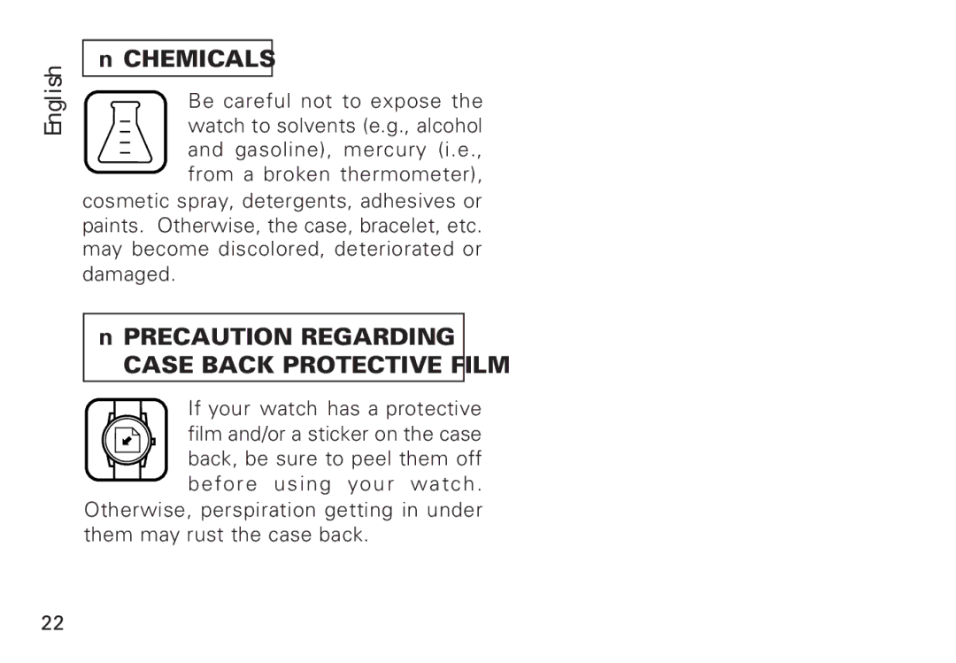 Seiko 7T32 manual Chemicals, Precaution Regarding Case Back Protective Film 