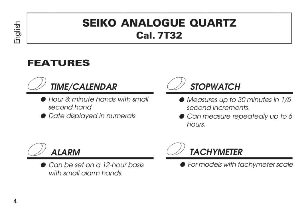 Seiko 7T32 manual Seiko Analogue Quartz, Features 