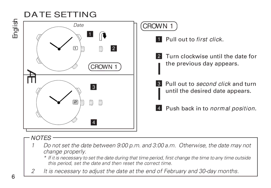 Seiko 7T32 manual Date Setting, Crown 