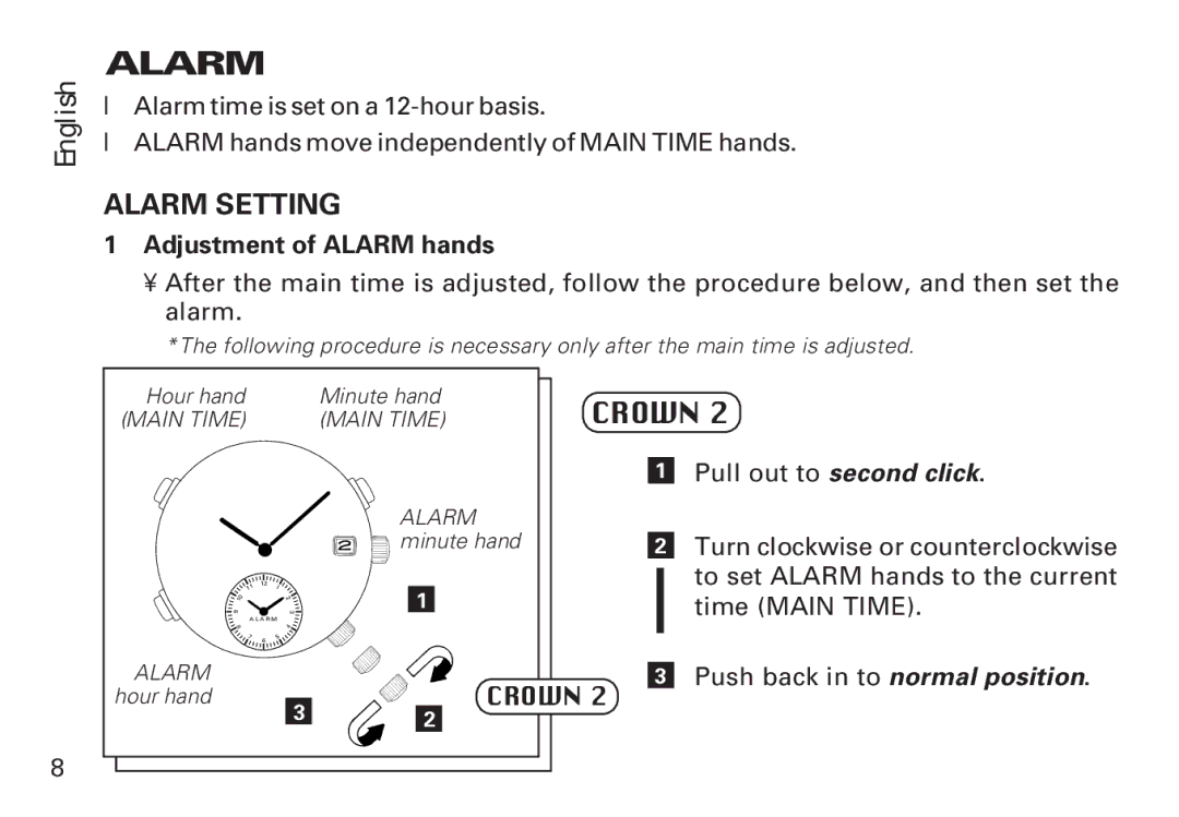 Seiko 7T32 manual Adjustment of Alarm hands 