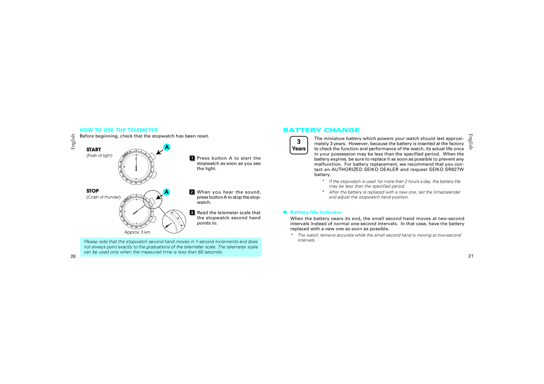 Seiko 7T82 manual Battery Change, HOW to USE the Telemeter, Start, Stop, Battery life indicator 