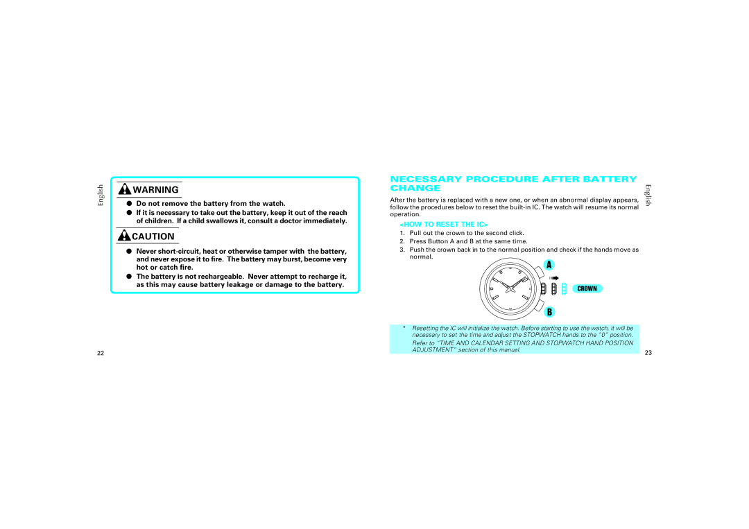 Seiko 7T82 manual Necessary Procedure After Battery Change, HOW to Reset the IC 