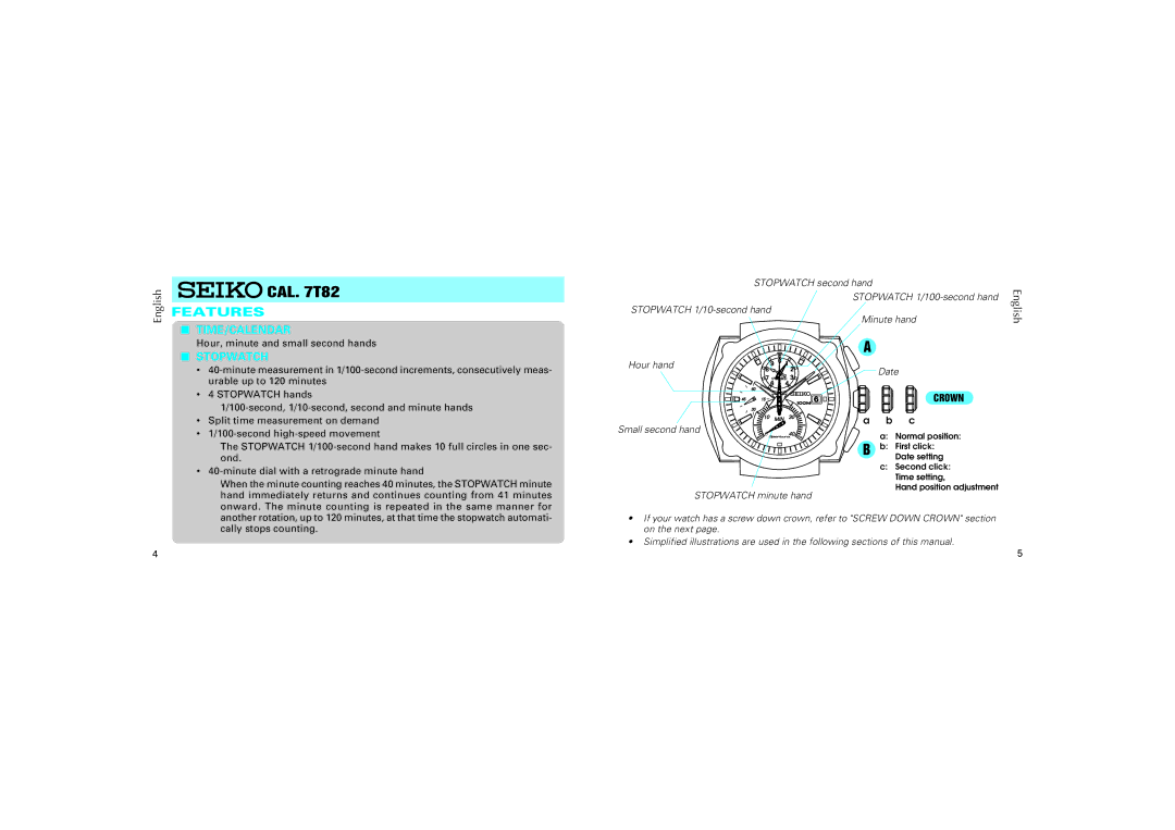 Seiko 7T82 manual Features, Time/Calendar, Stopwatch 