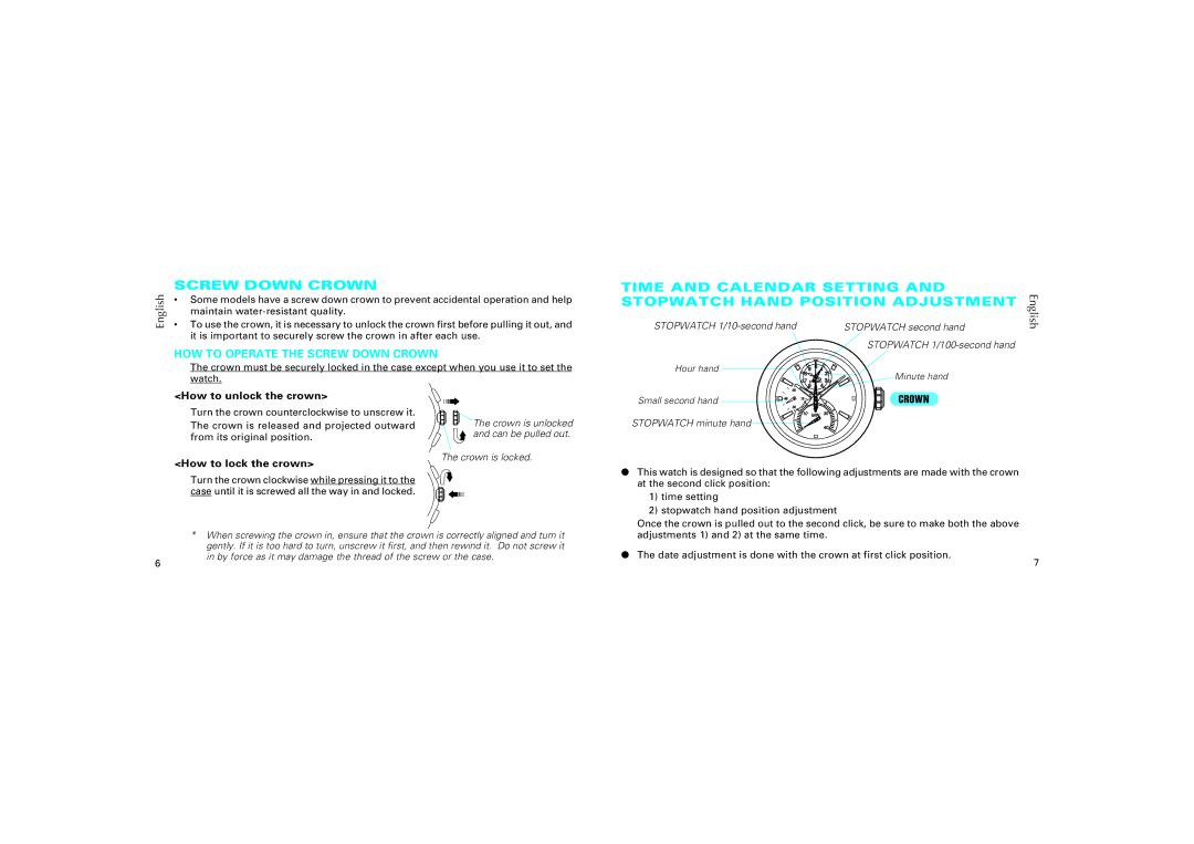 Seiko 7T82 manual HOW to Operate the Screw Down Crown, How to unlock the crown, How to lock the crown 