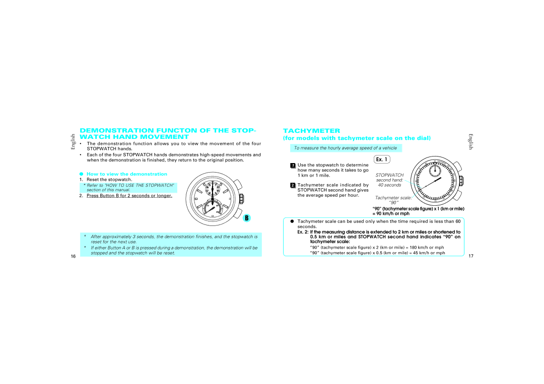 Seiko 7T82 manual Demonstration Functon of the Stop, Watch Hand Movement, Tachymeter, How to view the demonstration 