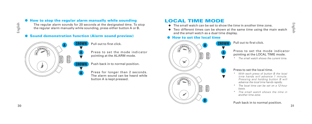 Seiko 7T84 brochure Local Time mode, How to stop the regular alarm manually while sounding, How to set the local time 