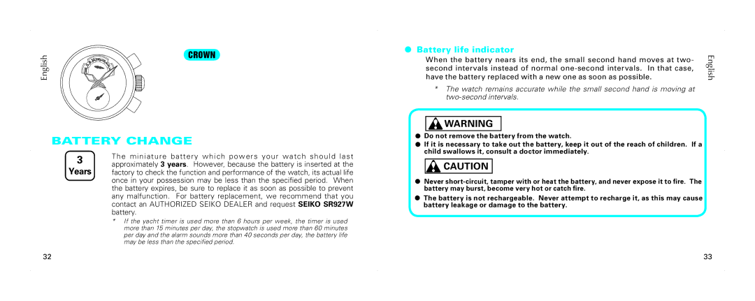 Seiko 7T84 brochure Battery Change, Battery life indicator, Miniature battery which powers your watch should last 