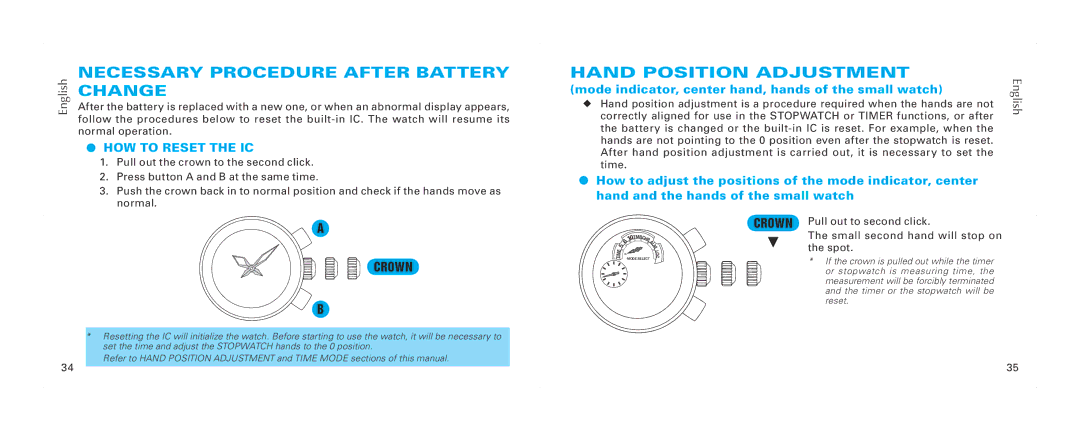 Seiko 7T84 brochure Necessary procEdure after battery change, Hand Position Adjustment, HOW to Reset the IC 