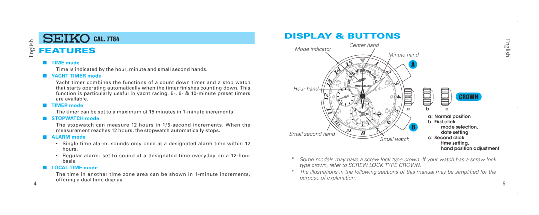 Seiko 7T84 brochure Display & Buttons, Features, English, Mode indicator Center hand Minute hand, Hours 