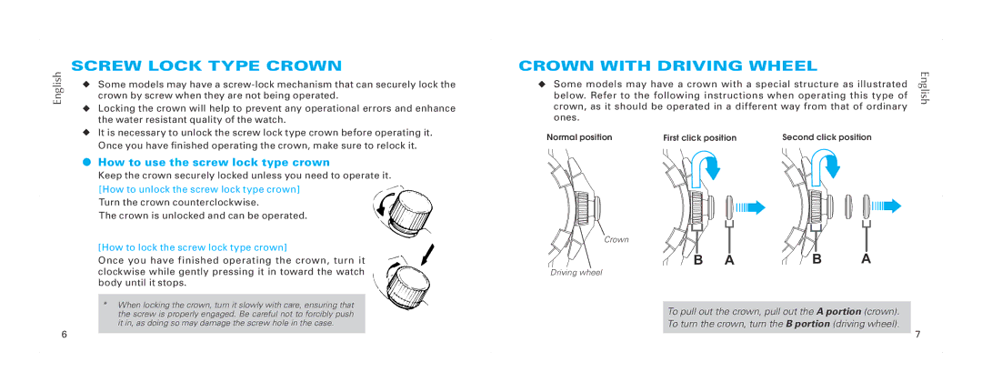 Seiko 7T84 brochure Screw Lock Type Crown, Crown with driving wheel, How to use the screw lock type crown 