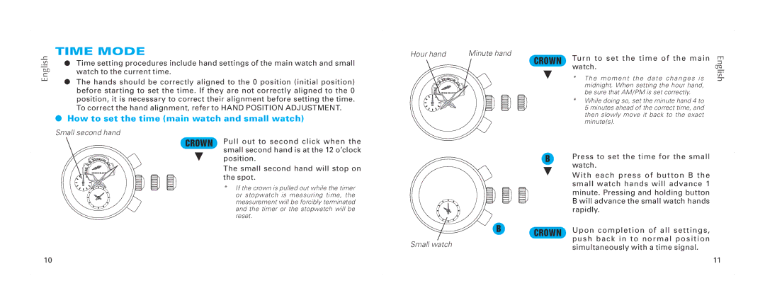 Seiko 7T84 brochure Time Mode, How to set the time main watch and small watch, Small second hand, Small watch 