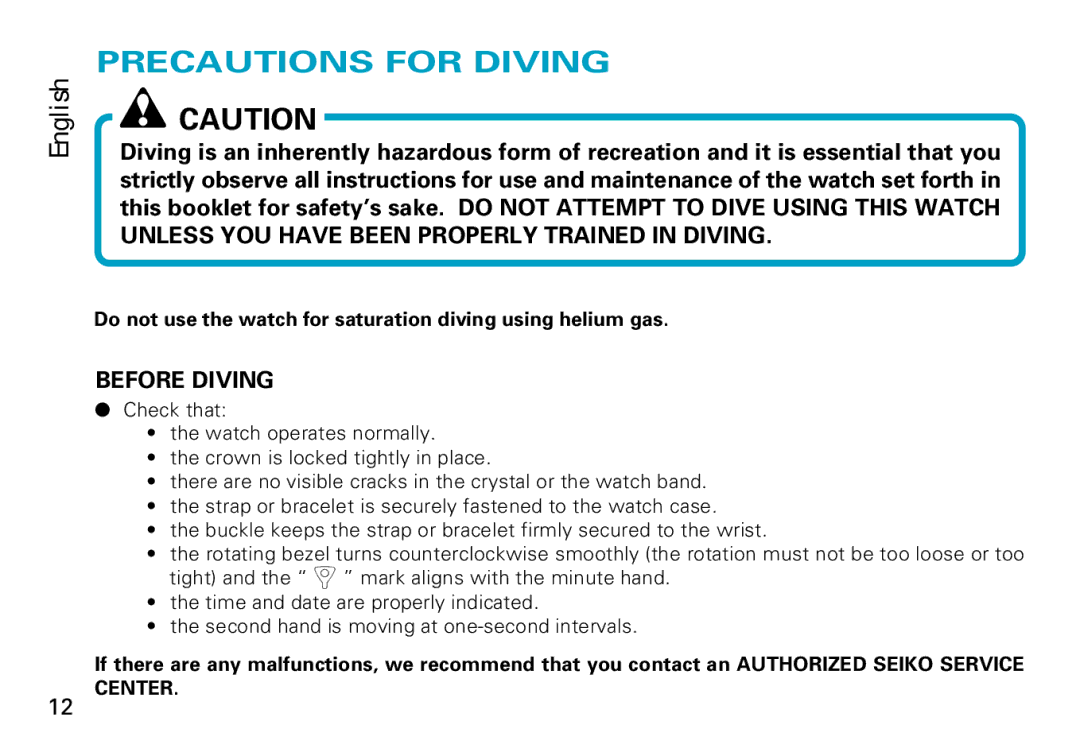 Seiko 8F35 manual Precautions for Diving, Before Diving 