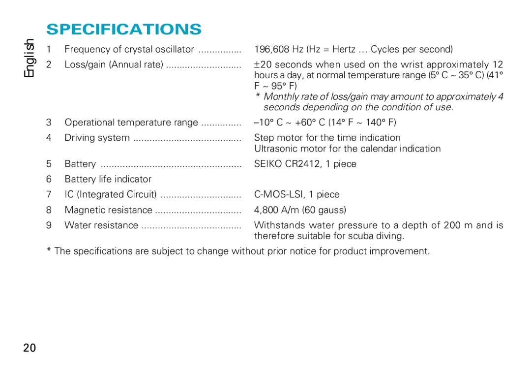 Seiko 8F35 manual Specifications, Seconds depending on the condition of use 