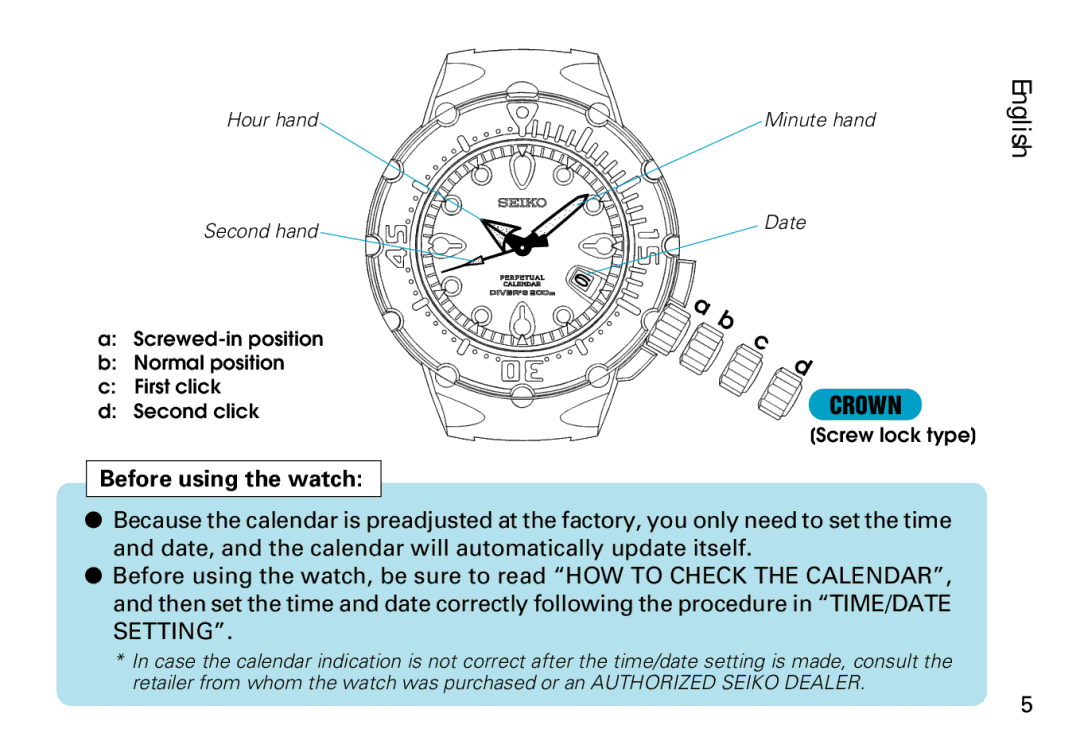 Seiko 8F35 manual Before using the watch 